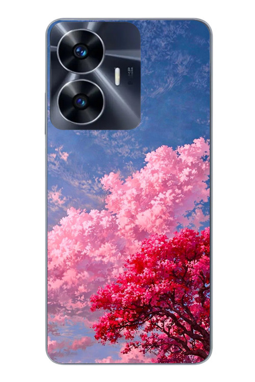 Realme C55 Uyumlu Kırmızı Pembe Ağaçlar Baskılı Silikon Kılıf