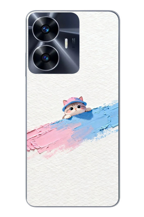 Realme C55 Uyumlu Pembe Mavi Kedi Baskılı Silikon Kılıf