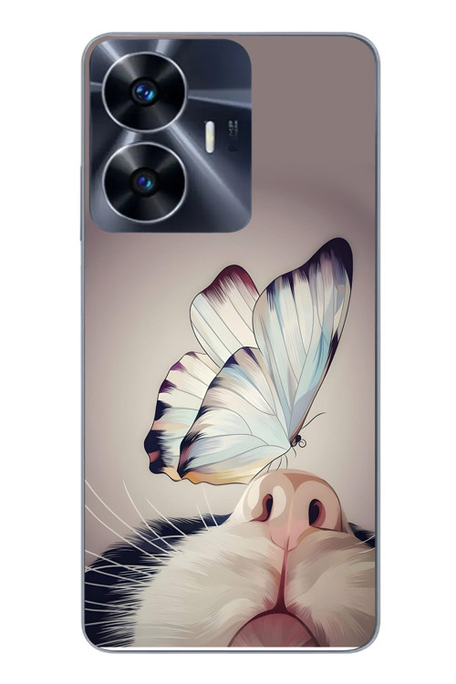 Realme C55 Uyumlu Kelebekli Kedi Baskılı Silikon Kılıf