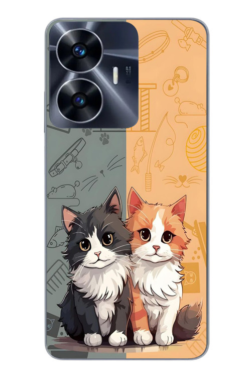 Realme C55 Uyumlu Sarı ve Siyah Kedi Baskılı Silikon Kılıf
