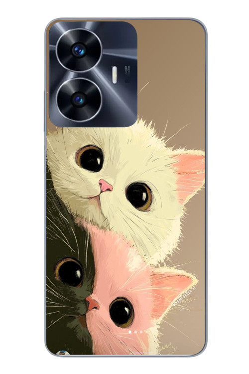 Realme C55 Uyumlu Pembe Siyah Beyaz Kedi Baskılı Silikon Kılıf