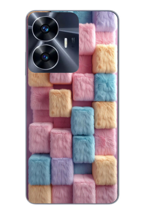 Realme C55 Uyumlu Pembe Tüylü Kareler Baskılı Silikon Kılıf