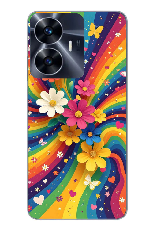 Realme C55 Uyumlu Renkli Gökkuşağı Çiçekleri Baskılı Silikon Kılıf