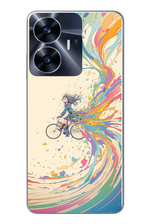 Realme C55 Uyumlu Rengarenk Bisikletli Kız Baskılı Silikon Kılıf