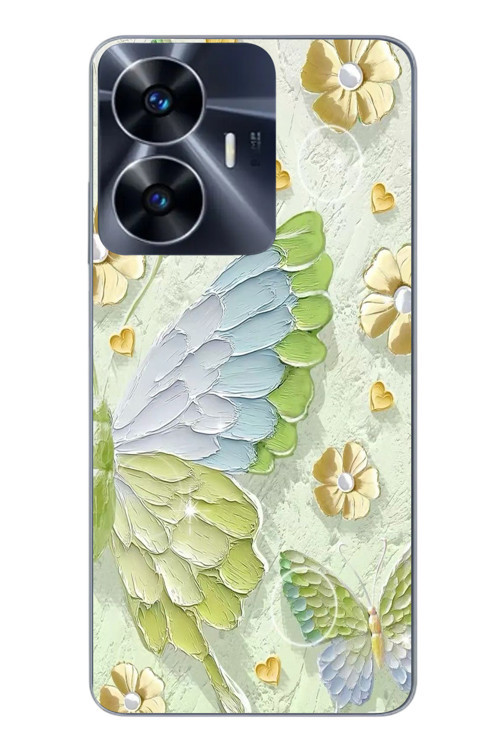 Realme C55 Uyumlu Yeşil Mavi Kelebek Baskılı Silikon Kılıf