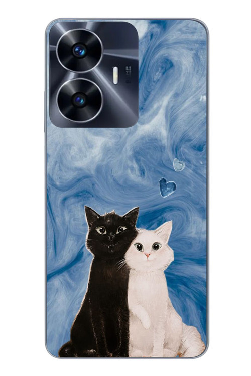 Realme C55 Uyumlu Siyah ve Beyaz Kedi Baskılı Silikon Kılıf