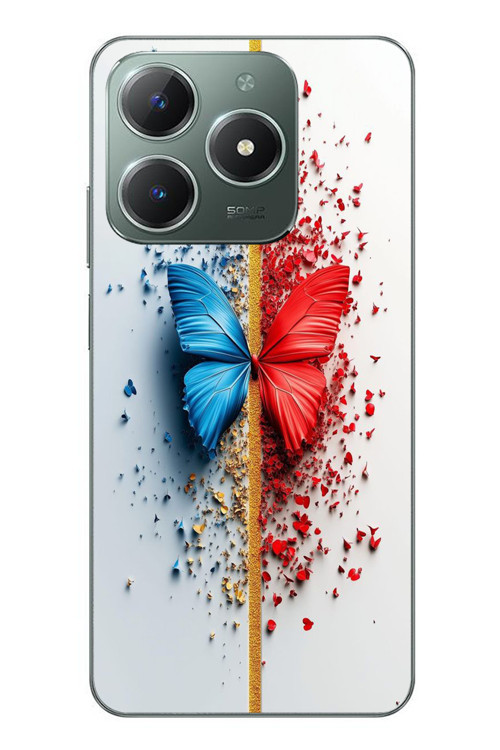 Realme C61 Uyumlu Kırmızı Mavi Kelebek Baskılı Silikon Kılıf
