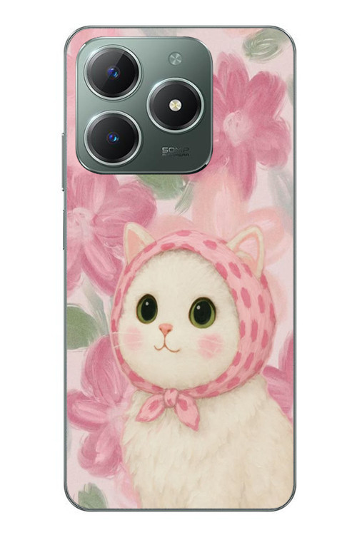 Realme C61 Uyumlu Pembe Örtülü Kedi Baskılı Silikon Kılıf