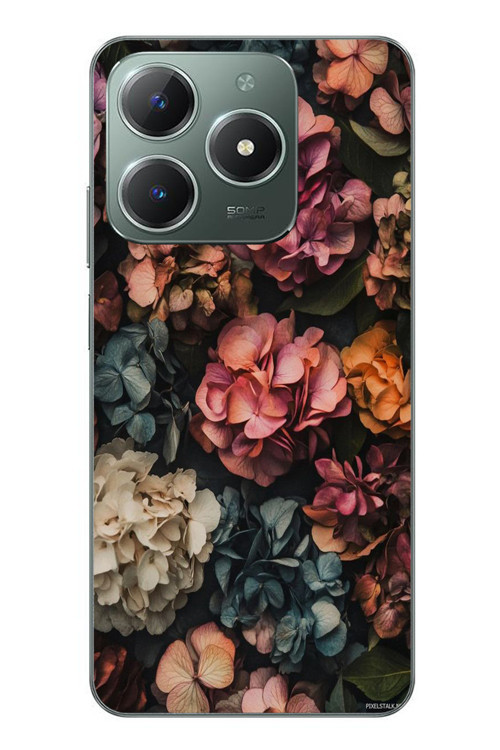 Realme C61 Uyumlu Koyu Çiçekler Baskılı Silikon Kılıf