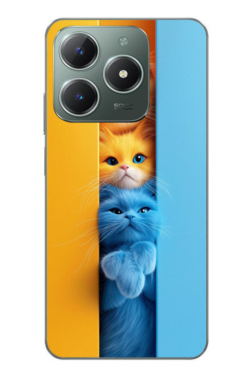 Realme C61 Uyumlu Mavi Sarı Kediler Baskılı Silikon Kılıf