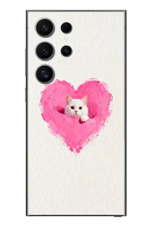 Samsung Galaxy S24 Ultra Uyumlu Pembe Kalpli Kedi Baskılı Silikon Kılıf