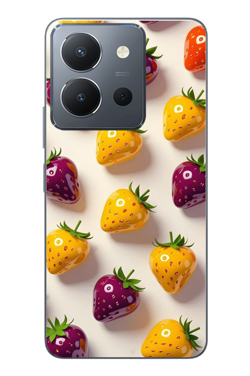 Vivo Y36 Uyumlu Sarı Kırmızı Çilekler Baskılı Silikon Kılıf
