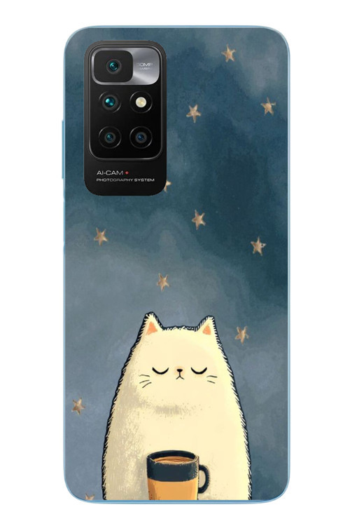 Redmi 10 2022 Uyumlu Kahveci Beyaz Kedir Baskılı Silikon Kılıf
