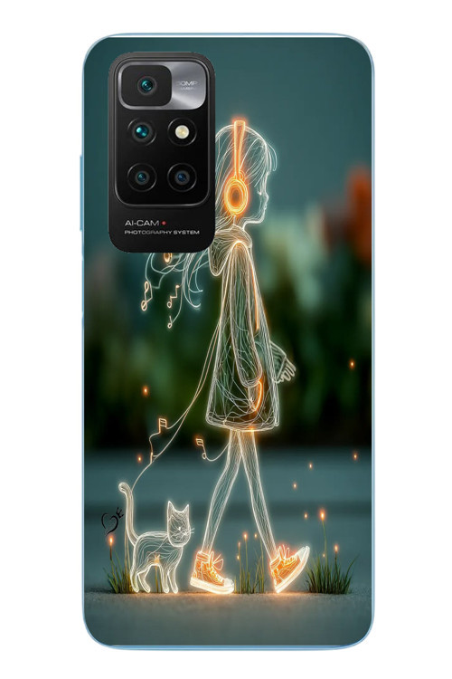 Redmi 10 2022 Uyumlu Kedili Neon Kız Baskılı Silikon Kılıf