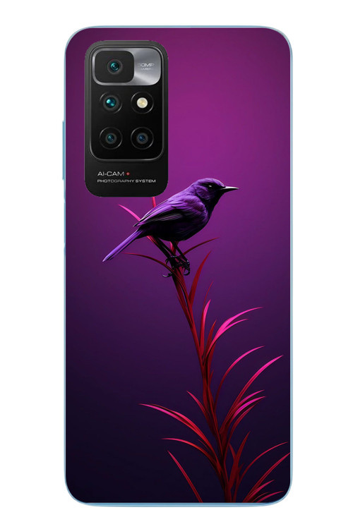 Redmi 10 2022 Uyumlu Mor Kuş Dalda Baskılı Silikon Kılıf