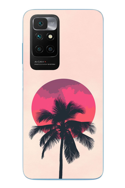 Redmi 10 2022 Uyumlu Palmiye Kırmızı Ay Baskılı Silikon Kılıf