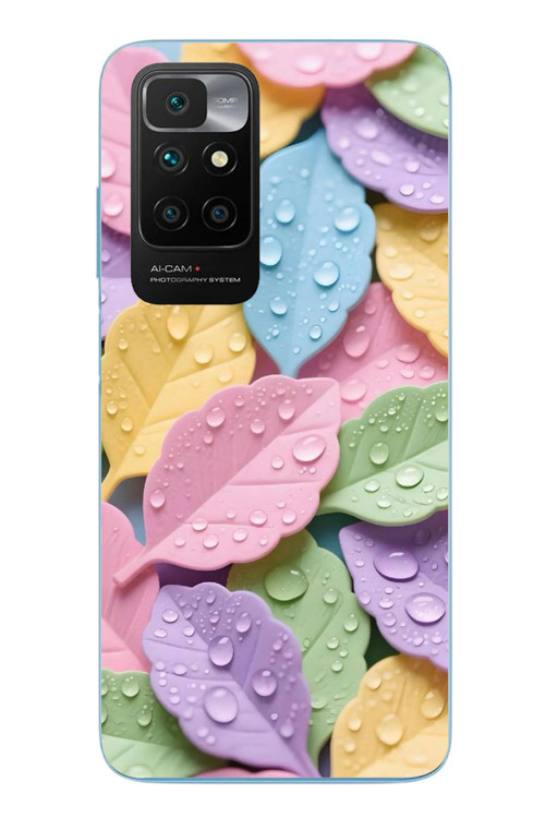 Redmi 10 2022 Uyumlu Pastel Damlalıklı Yapraklar Baskılı Silikon Kılıf