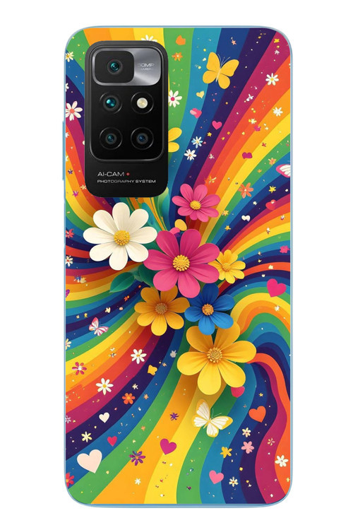 Redmi 10 2022 Uyumlu Renkli Gökkuşağı Çiçekleri Baskılı Silikon Kılıf