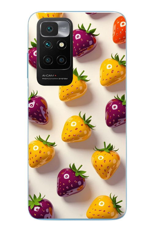 Redmi 10 2022 Uyumlu Sarı Kırmızı Çilekler Baskılı Silikon Kılıf