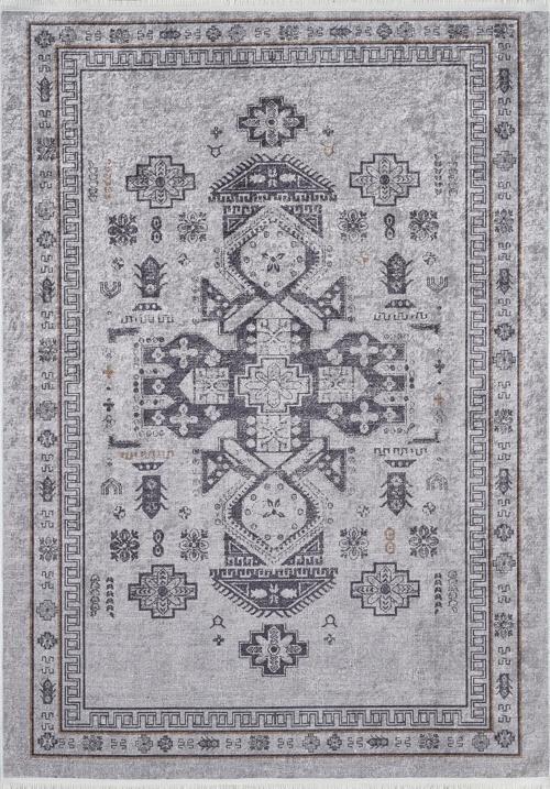 Klasik Gri Salon&Yolluk Dijital Baskılı Makinede Yıkanabilir Kaymaz Taban Saçaklı Halı HK179 