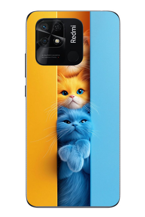 Redmi 10C Uyumlu Mavi Sarı Kediler Baskılı Silikon Kılıf