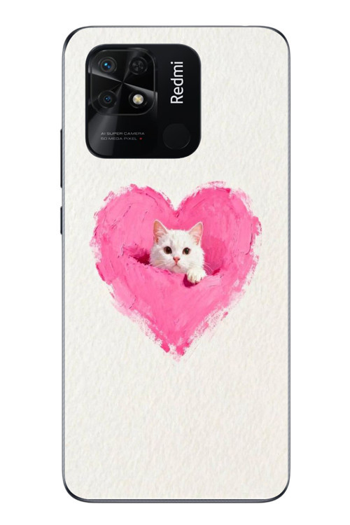 Redmi 10C Uyumlu Pembe Kalpli Kedi Baskılı Silikon Kılıf