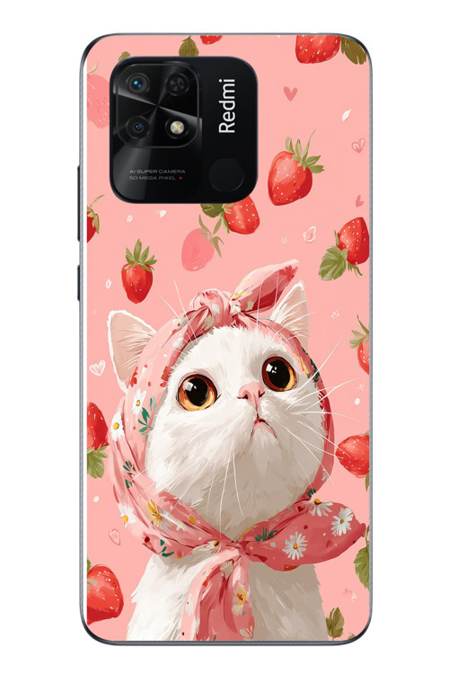 Redmi 10C Uyumlu Örtülü Kedi Çilekli Baskılı Silikon Kılıf