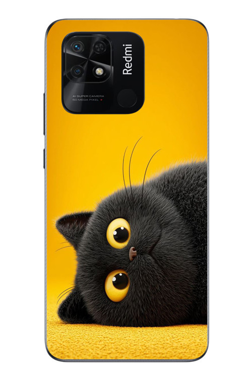 Redmi 10C Uyumlu Yan Bakan Siyah Kedi Baskılı Silikon Kılıf