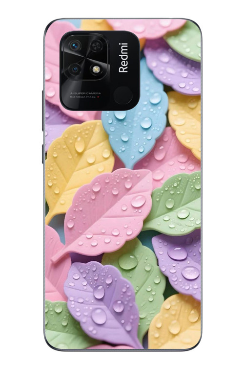 Redmi 10C Uyumlu Pastel Damlalıklı Yapraklar Baskılı Silikon Kılıf
