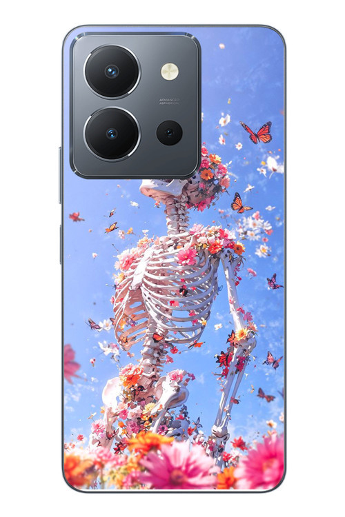 Vivo Y36 Uyumlu İskelet Çiçekleri Baskılı Silikon Kılıf