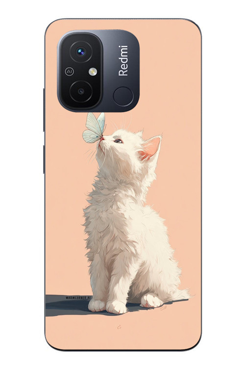Redmi 12C Uyumlu Beyaz Kelebekli Kedi Baskılı Silikon Kılıf