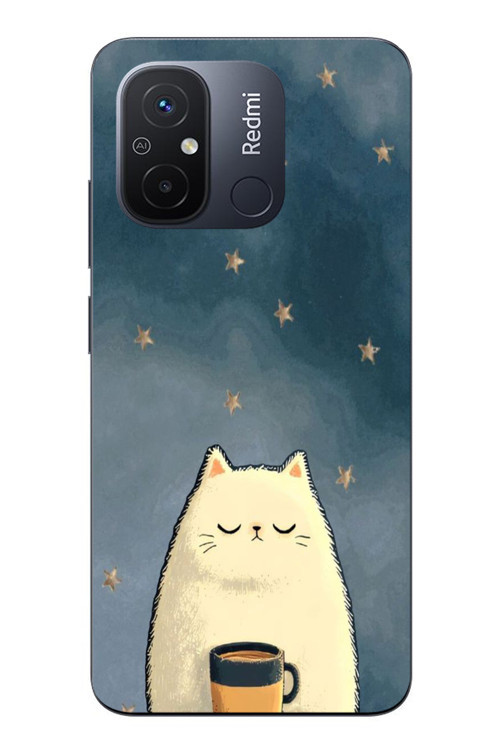 Redmi 12C Uyumlu Kahveci Beyaz Kedir Baskılı Silikon Kılıf