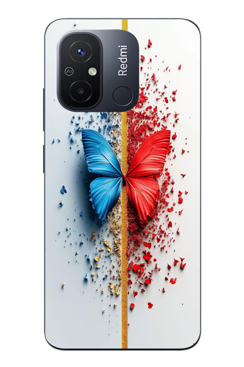 Redmi 12C Uyumlu Kırmızı Mavi Kelebek Baskılı Silikon Kılıf