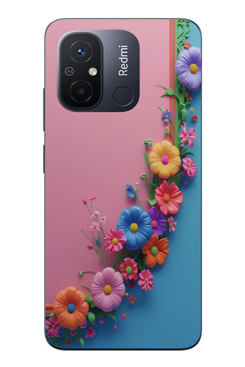 Redmi 12C Uyumlu Pembe Mavi Sarmaşık Baskılı Silikon Kılıf