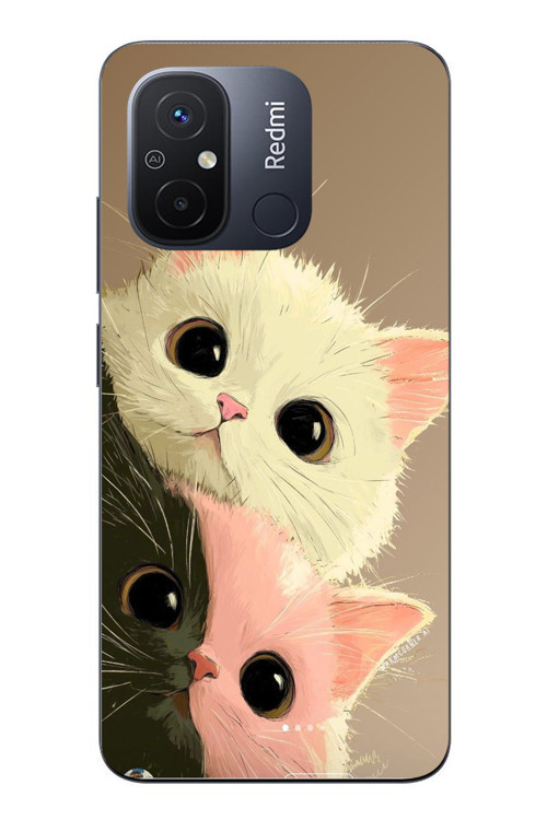 Redmi 12C Uyumlu Pembe Siyah Beyaz Kedi Baskılı Silikon Kılıf