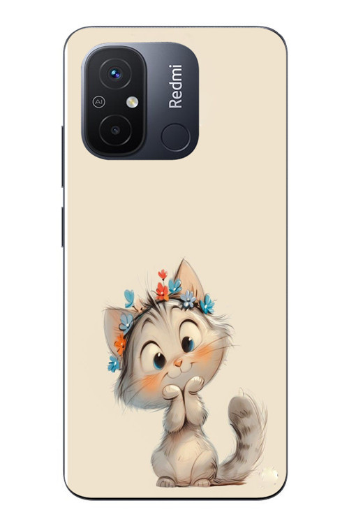 Redmi 12C Uyumlu Sevimli Çiçekli Kedi Baskılı Silikon Kılıf