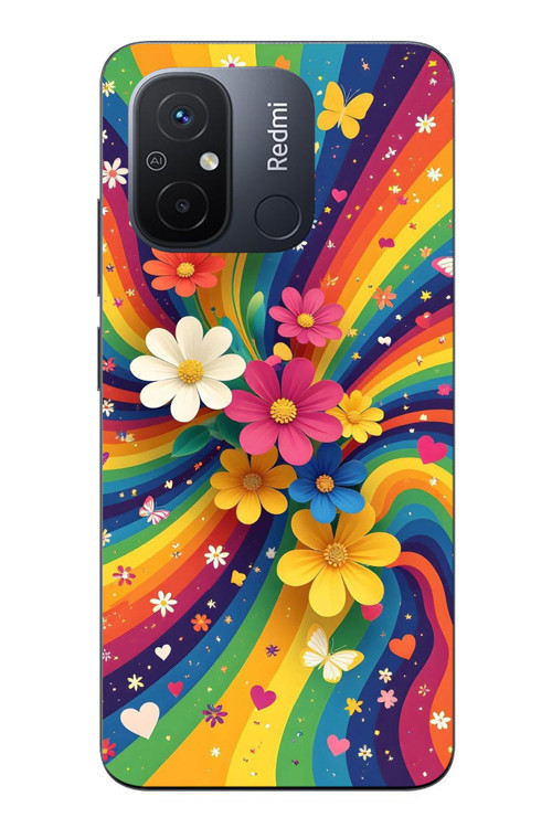 Redmi 12C Uyumlu Renkli Gökkuşağı Çiçekleri Baskılı Silikon Kılıf