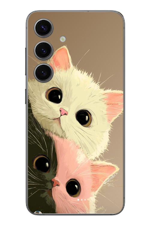 Samsung Galaxy S24 Uyumlu Pembe Siyah Beyaz Kedi Baskılı Silikon Kılıf
