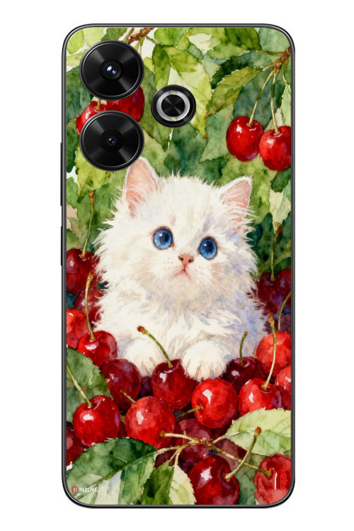 Redmi 13 Uyumlu Kirazlı Kedi Baskılı Silikon Kılıf