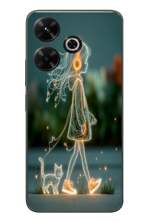 Redmi 13 Uyumlu Kedili Neon Kız Baskılı Silikon Kılıf