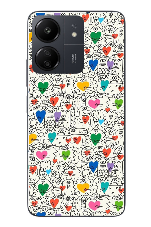 Redmi 13C Uyumlu Kalp Çizgileri Karışık Baskılı Silikon Kılıf