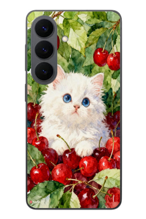 Samsung Galaxy S26 Uyumlu Kirazlı Kedi Baskılı Silikon Kılıf