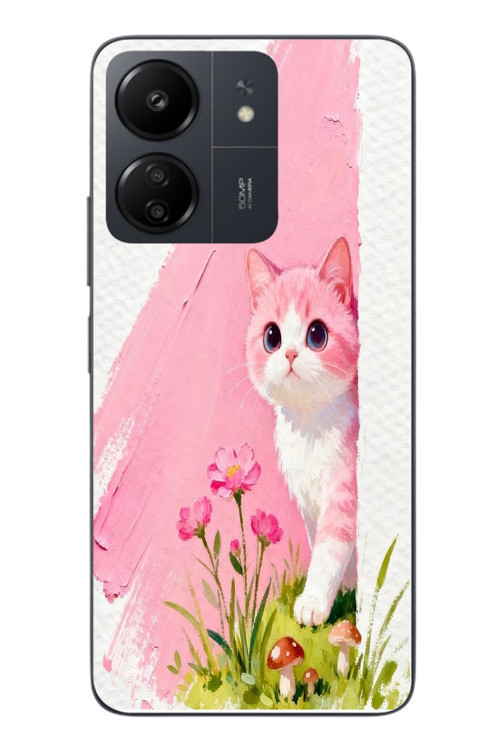 Redmi 13C Uyumlu Pembeli Kedi Baskılı Silikon Kılıf