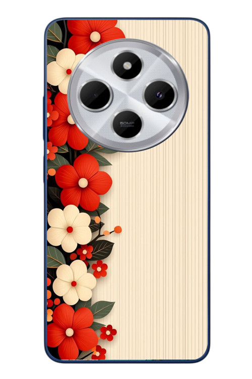 Redmi 14C Uyumlu Kırmızı Beyaz Çiçekler Baskılı Silikon Kılıf