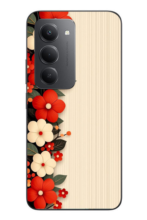 Redmi 15 Uyumlu Kırmızı Beyaz Çiçekler Baskılı Silikon Kılıf