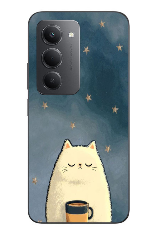 Redmi 15 Uyumlu Kahveci Beyaz Kedir Baskılı Silikon Kılıf