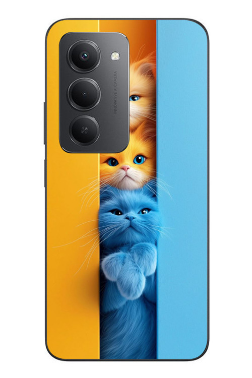Redmi 15 Uyumlu Mavi Sarı Kediler Baskılı Silikon Kılıf