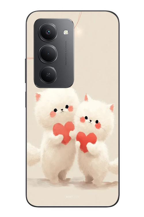 Redmi 15 Uyumlu Kalpli Beyaz Kediler Baskılı Silikon Kılıf
