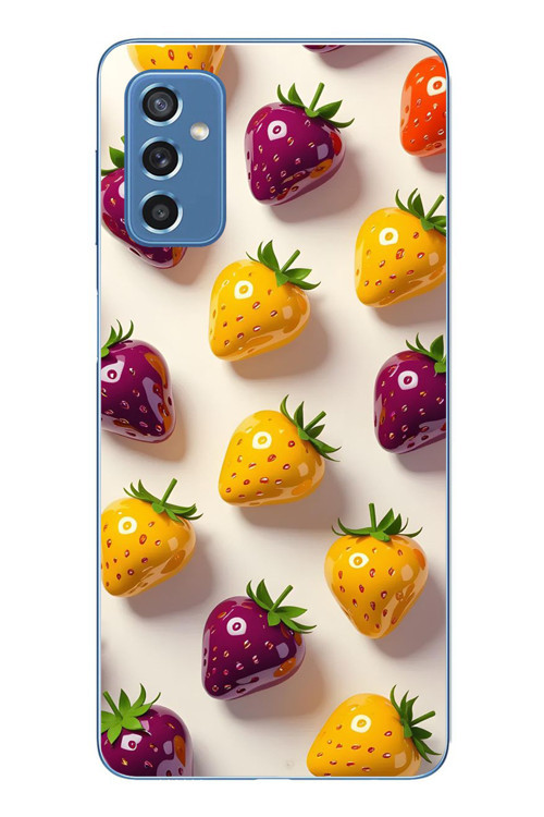 Samsung Galaxy M52 Uyumlu Sarı Kırmızı Çilekler Baskılı Silikon Kılıf