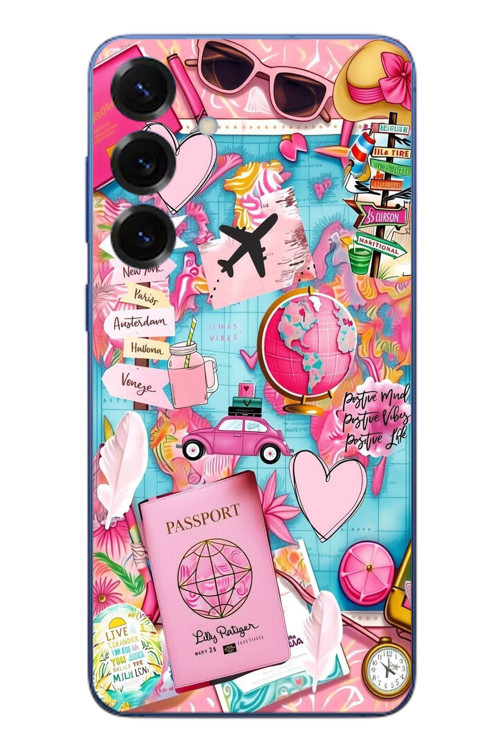 Samsung Galaxy S25 Plus Uyumlu Pembe Seyahat Baskılı Silikon Kılıf